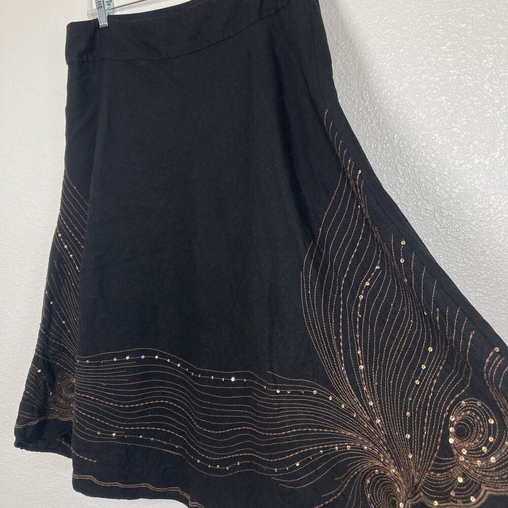 Carole Little Skirt Womens 14 Black Linen Rayon Midi Sequin Embroidered Lined - Picture 2 of 14